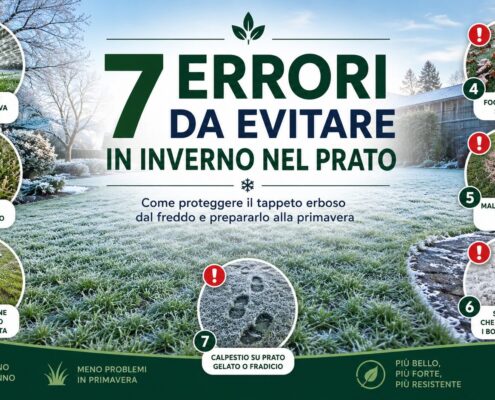 Infografica sui 7 errori da evitare in inverno nel prato, tra irrigazione, taglio basso, foglie, sale, malattie e calpestio.