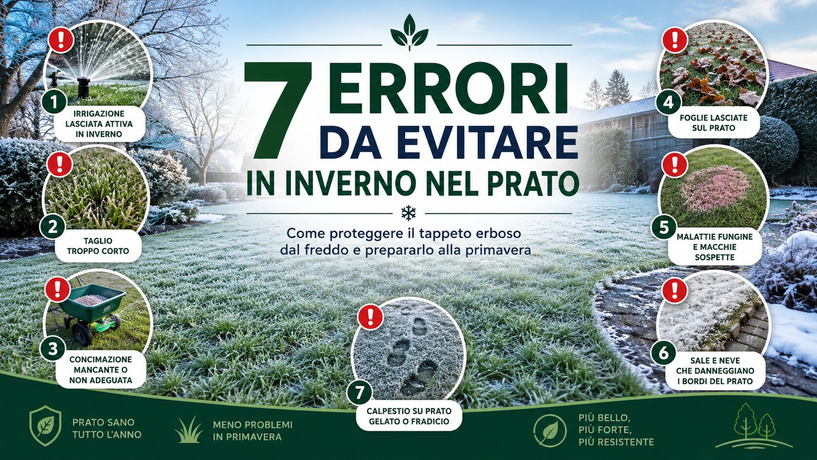 Infografica sui 7 errori da evitare in inverno nel prato, tra irrigazione, taglio basso, foglie, sale, malattie e calpestio.