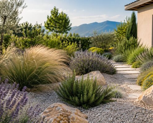 Dry garden residenziale con ghiaia, lavanda, graminacee e piante resistenti alla siccità.