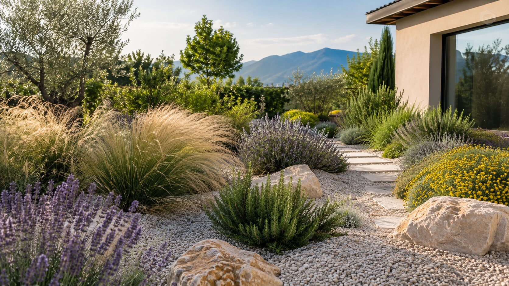 Dry garden residenziale con ghiaia, lavanda, graminacee e piante resistenti alla siccità.