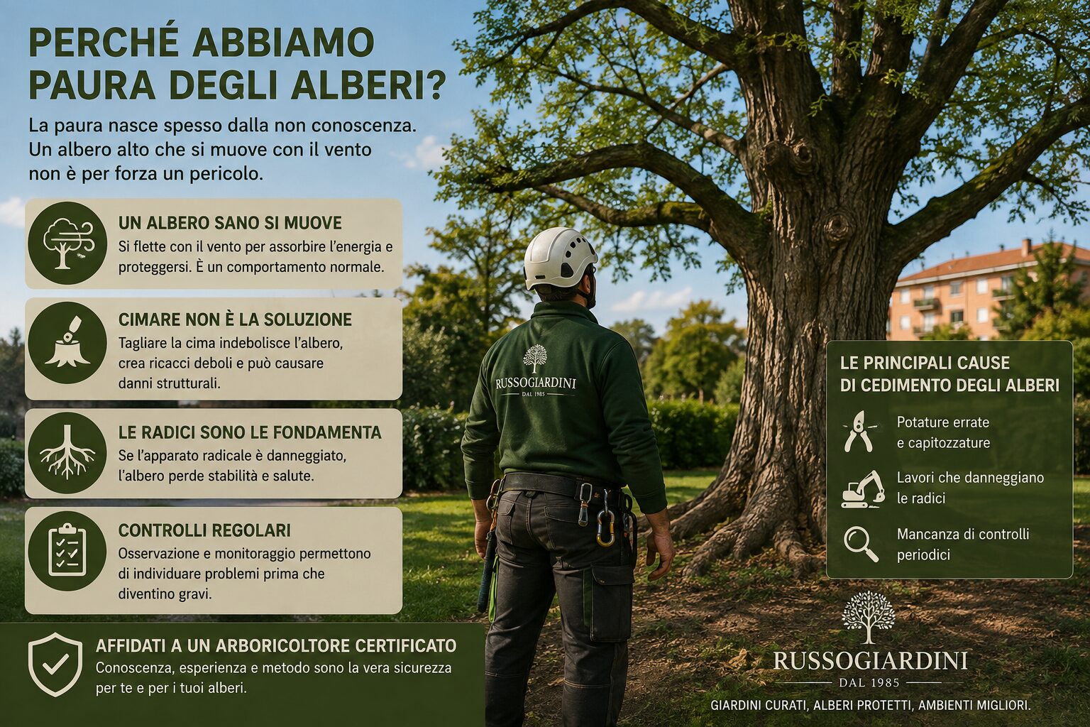 Arboricoltore osserva un grande albero e spiega perché la paura degli alberi nasce spesso da scarsa conoscenza e cattiva gestione
