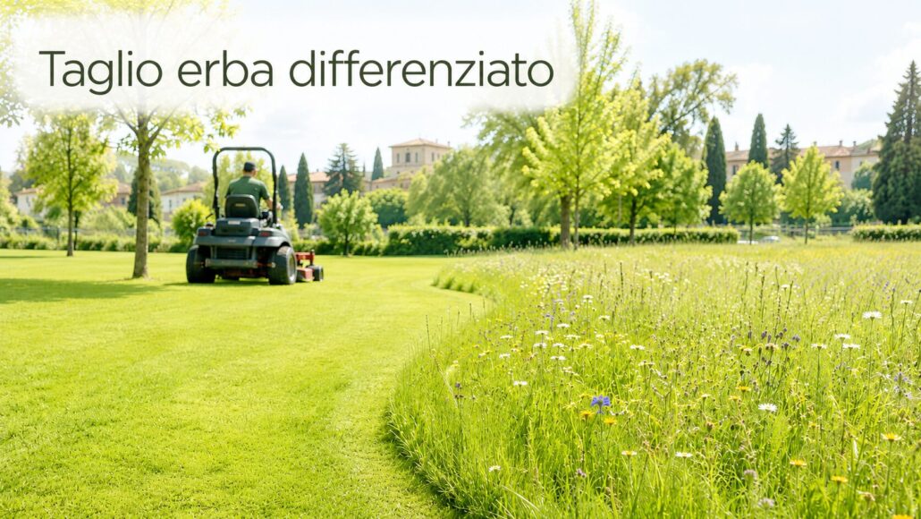 Taglio erba differenziato in area verde con prato rasato e prato fiorito