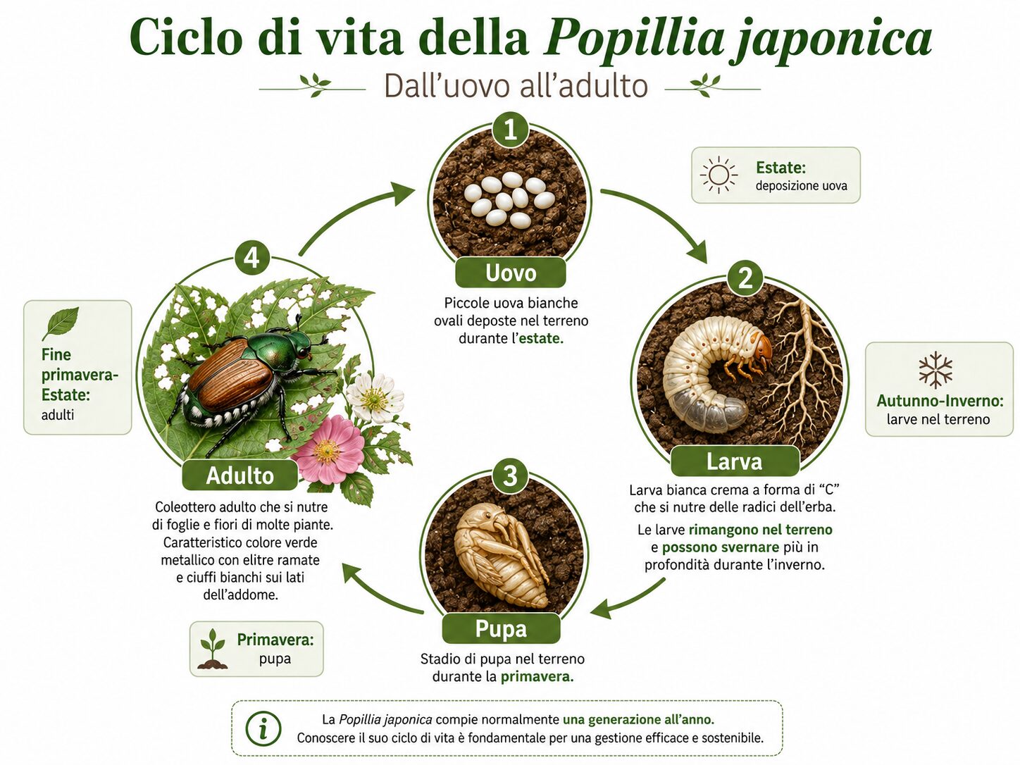 Infografica sul ciclo di vita della Popillia japonica