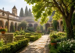 Giardino cristiano curato all’interno di un chiostro con siepi, fiori e alberi