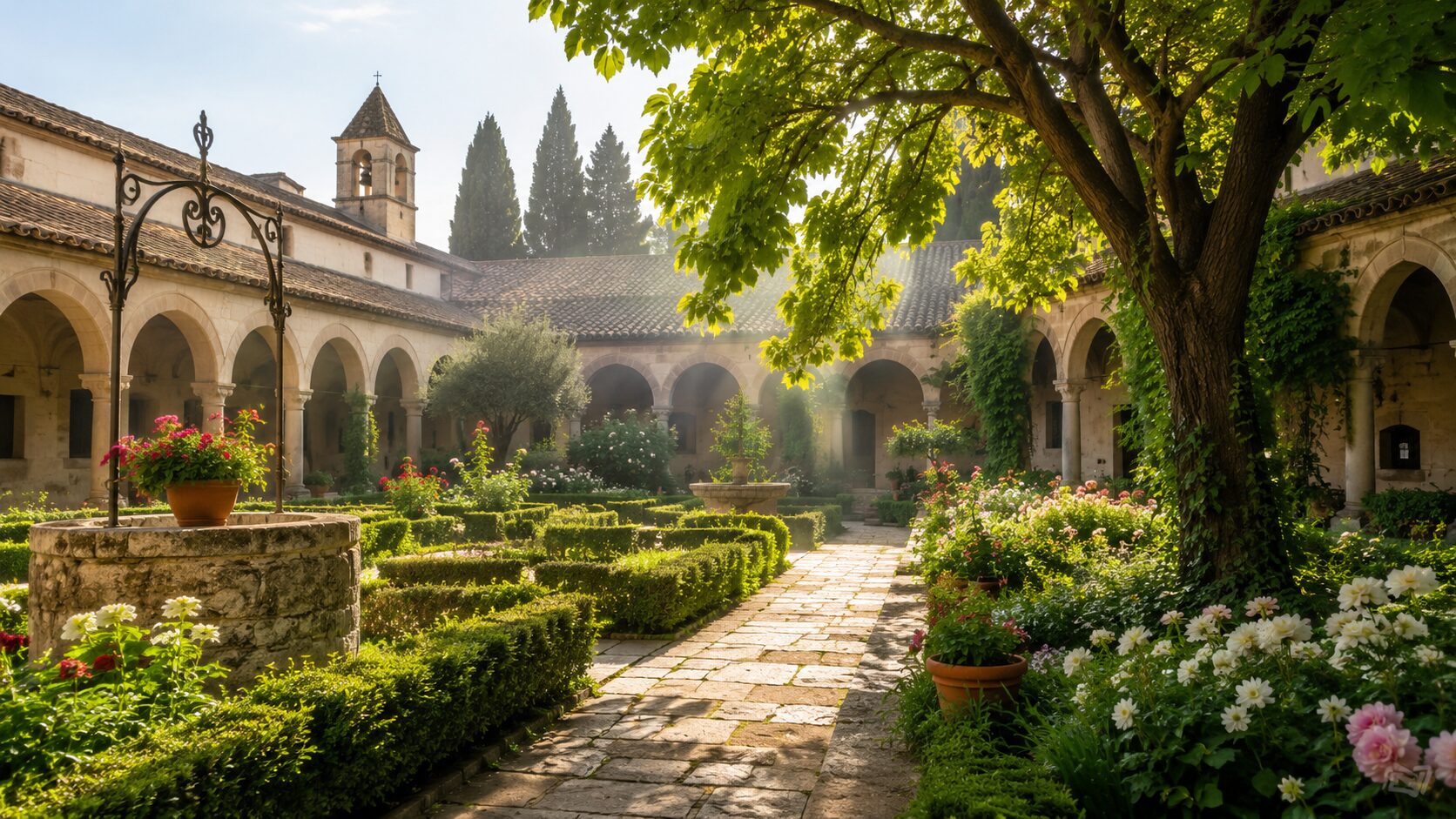 Giardino cristiano curato all’interno di un chiostro con siepi, fiori e alberi