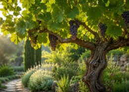 Vite con grappoli d’uva in un giardino, simbolo di Cristo e dei tralci nel Vangelo
