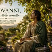 Giovanni l’apostolo amato in un giardino, simbolo di fede, amore e frutto