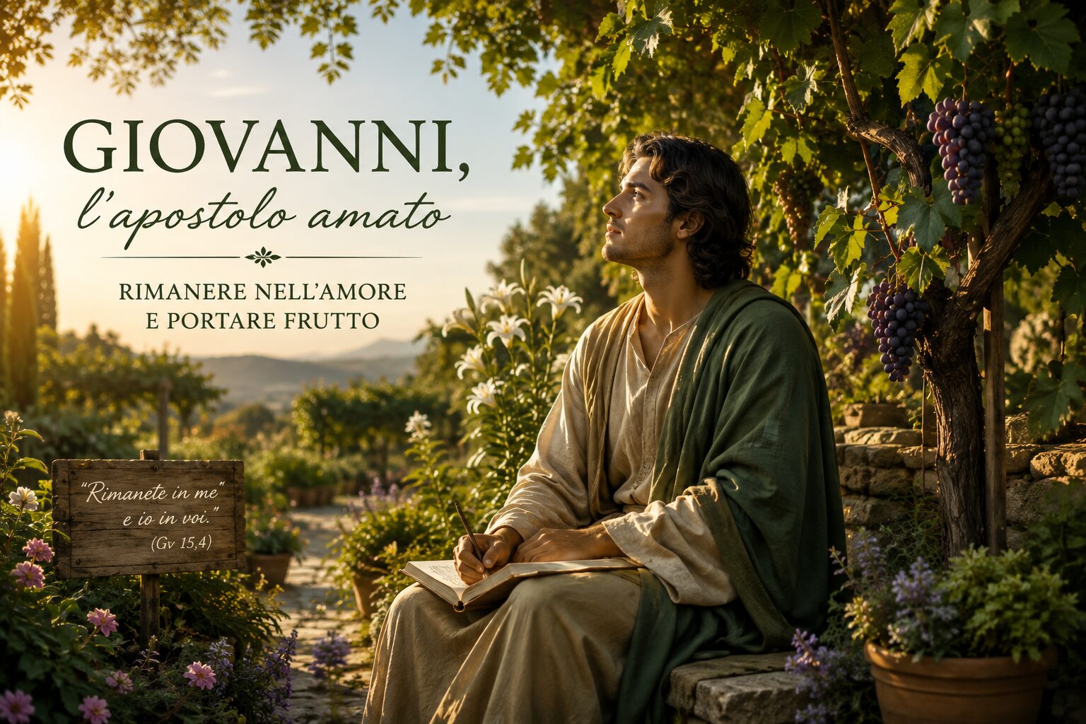 Giovanni l’apostolo amato in un giardino, simbolo di fede, amore e frutto