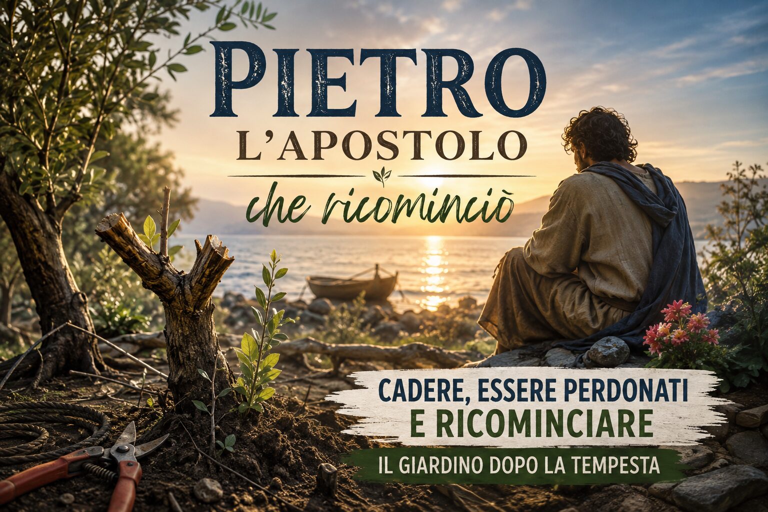 Pietro l’apostolo davanti a un albero che germoglia dopo la tempesta