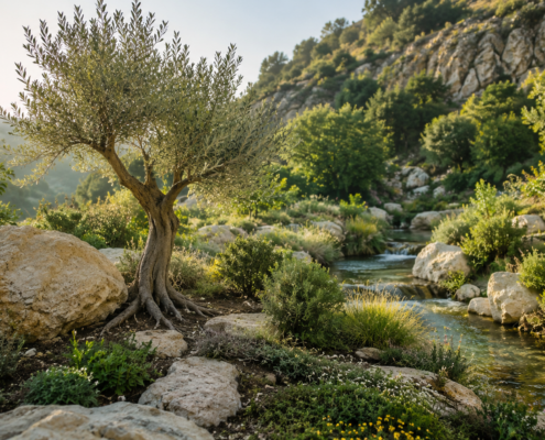 Da Simone a Pietro, ulivo con radici tra la roccia e la sorgente nel giardino