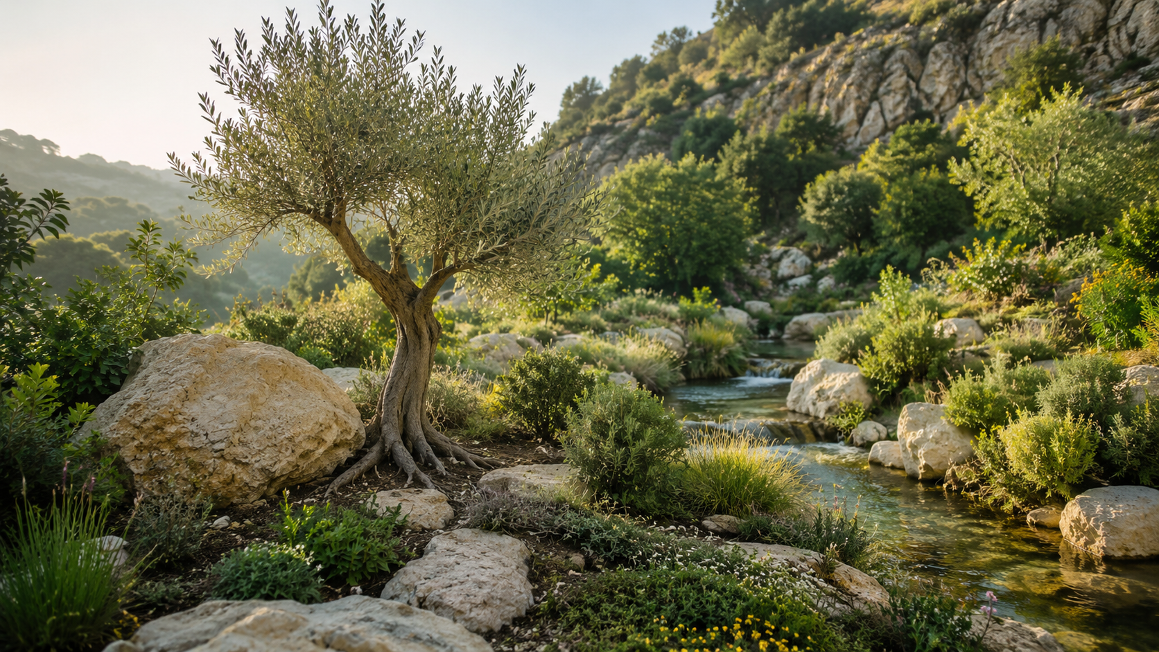 Da Simone a Pietro, ulivo con radici tra la roccia e la sorgente nel giardino