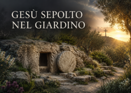 Gesù sepolto nel giardino con il sepolcro, gli ulivi e la croce al tramonto