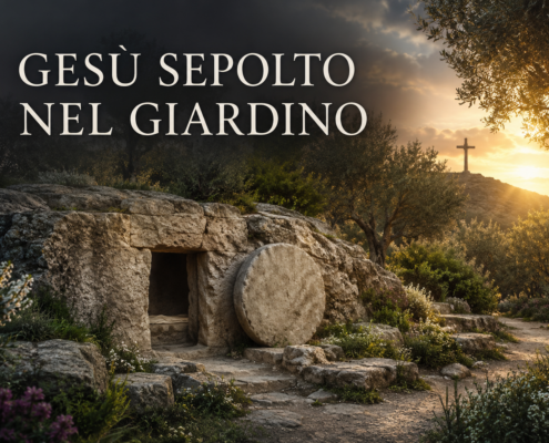 Gesù sepolto nel giardino con il sepolcro, gli ulivi e la croce al tramonto