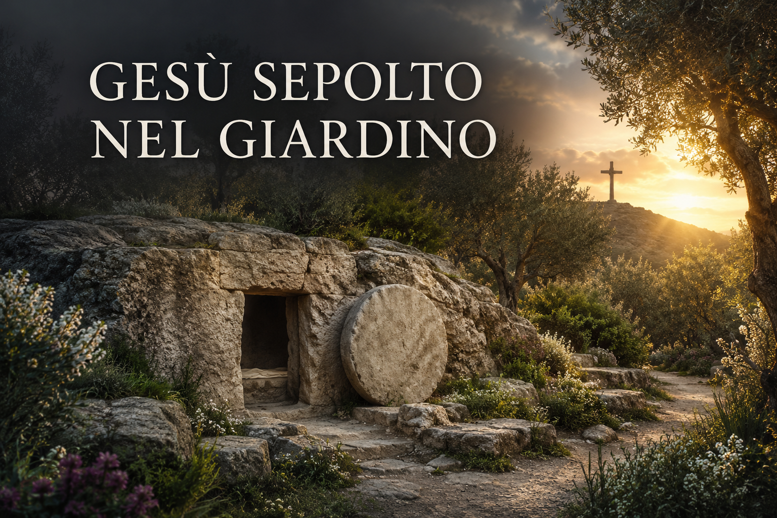 Gesù sepolto nel giardino con il sepolcro, gli ulivi e la croce al tramonto