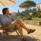 Giardiniere in vacanza al mare che continua a osservare il giardino
