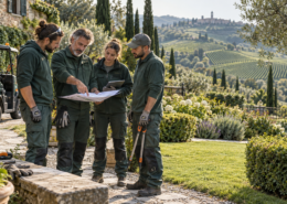 Imprenditore del verde istruisce la squadra in un giardino con vigne sullo sfondo