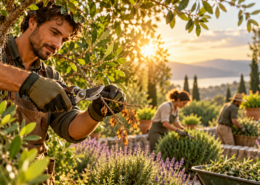 Matteo 10,34 rappresentato con giardinieri al lavoro durante la potatura