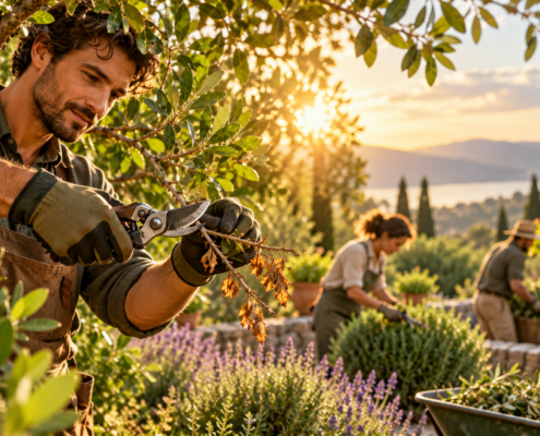 Matteo 10,34 rappresentato con giardinieri al lavoro durante la potatura