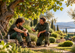 Giardiniere esperto ascolta un giovane collaboratore sotto un albero di fichi
