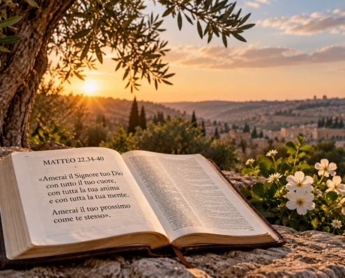 Il comandamento dell'amore in Matteo 22,34-40: Bibbia aperta sotto un ulivo al tramonto