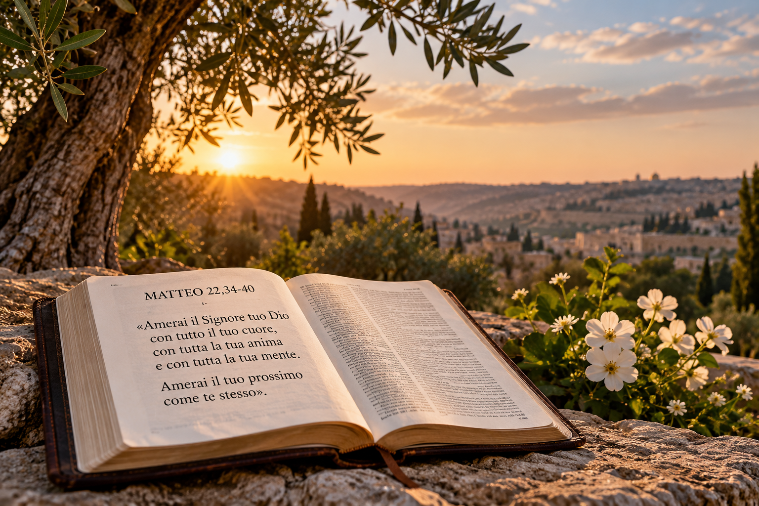 Il comandamento dell'amore in Matteo 22,34-40: Bibbia aperta sotto un ulivo al tramonto