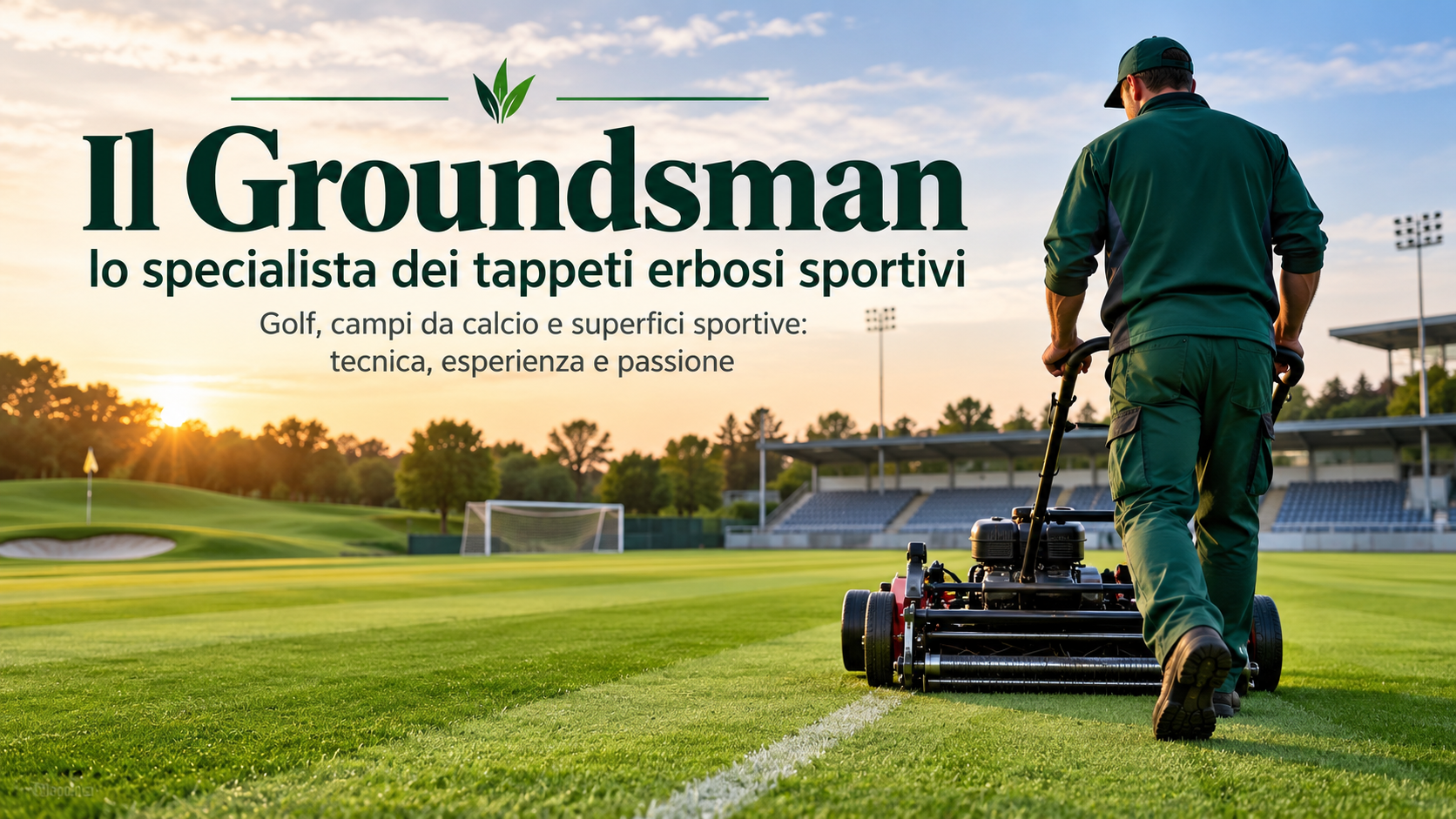 Groundsman al lavoro su un tappeto erboso sportivo in campo da calcio
