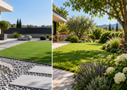 Giardini con pietre e prati sintetici a confronto con un giardino naturale ricco di alberi, prato e fioriture.