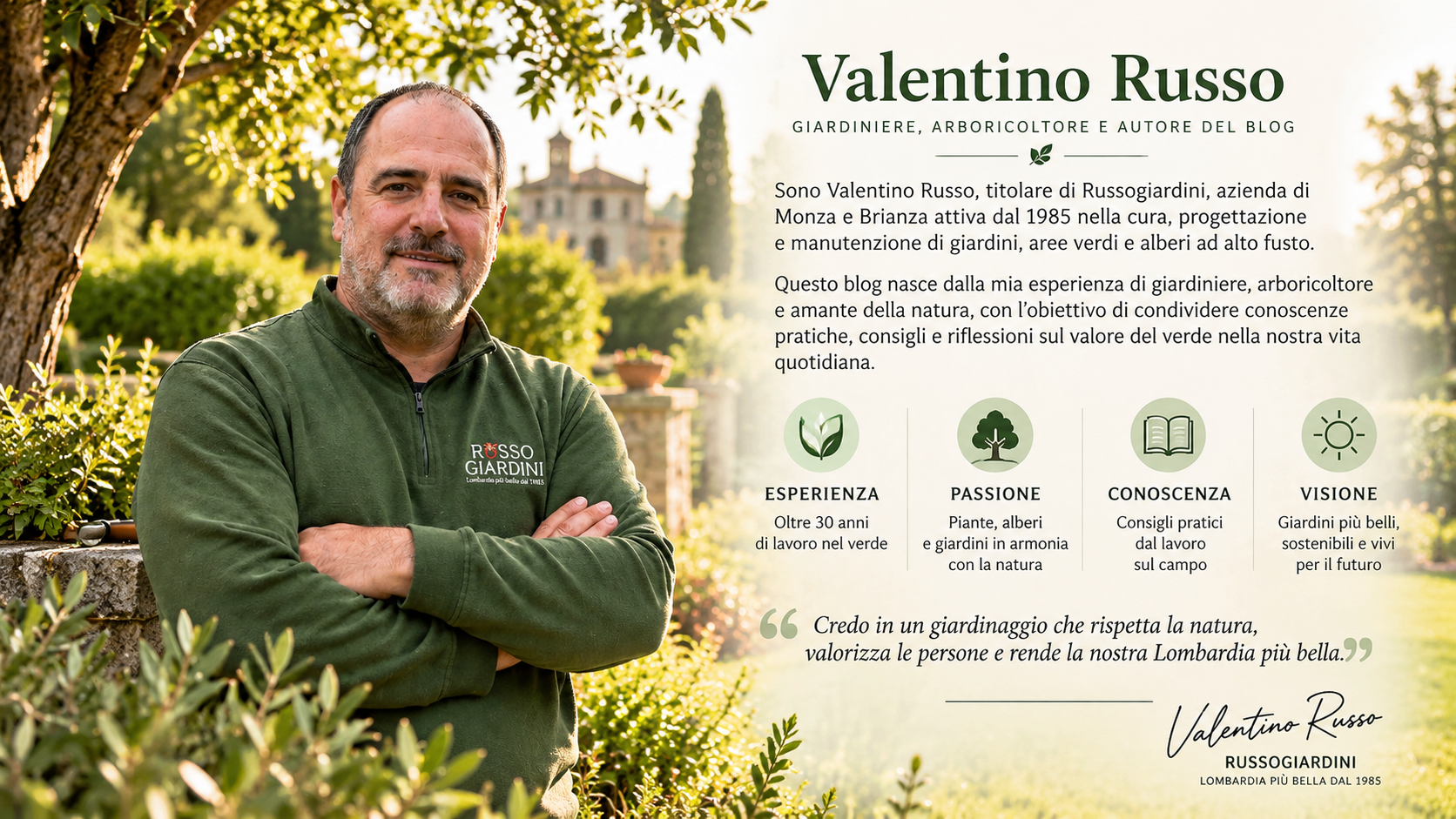 Valentino Russo – Bio autore blog Russogiardini Valentino Russo di Russogiardini in un giardino con biografia e visione del blog sul giardinaggio.