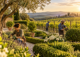 Vigna del Signore con giardinieri al lavoro tra vigneto e giardino