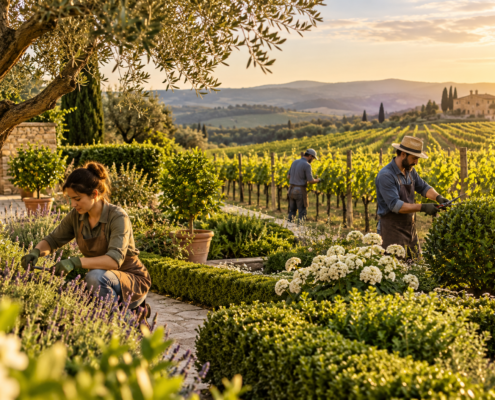 Vigna del Signore con giardinieri al lavoro tra vigneto e giardino